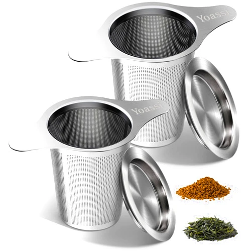 Yoassi Extra Fine 18/8 Stainless Steel Tea Infuser Mesh Strainer with Large Capacity & Perfect Size Double Handles for Hanging on Teapots, Mugs, Cups to Steep Loose Leaf Tea and Coffee (2 Pack)