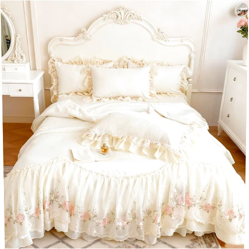 T-stage French Chic Bedding Set 4-Piece - Romantic Lace Trim Washed Cotton, Duvet Cover with Bed Skirt & Pillowcases for Queen Bed, Princess Style (Comforter Not Included) (off white,Queen (U.S. Standard))
