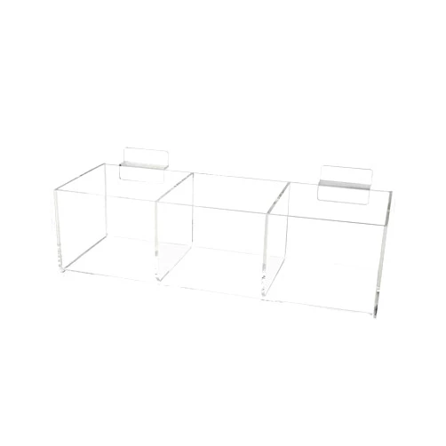 Marketing Holders Slatwall Acrylic Retail Tray Triple Compartment Dump Bin Clear Plexiglass Product Merchandise Storage Caddy for Businesses