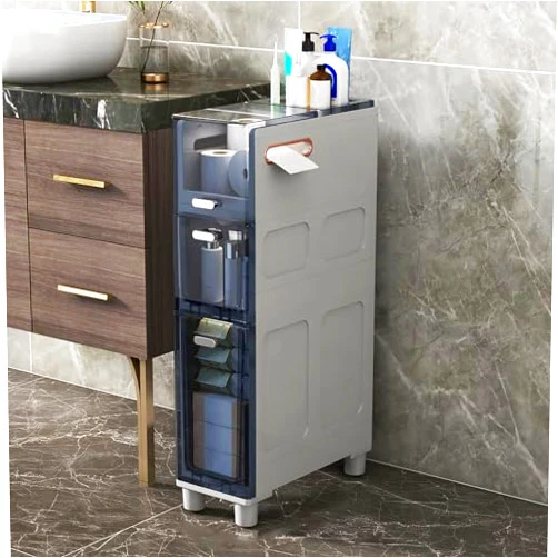 Generic Plastic Slim Toilet Paper Storage Cabinet with Clear Drawers - 5 Drawer Storage Tower for Small Spaces and Gaps - Bathroom Tall Cabinet with Casters - Convenient St(Size:3 Tier,Color:Grey+bl