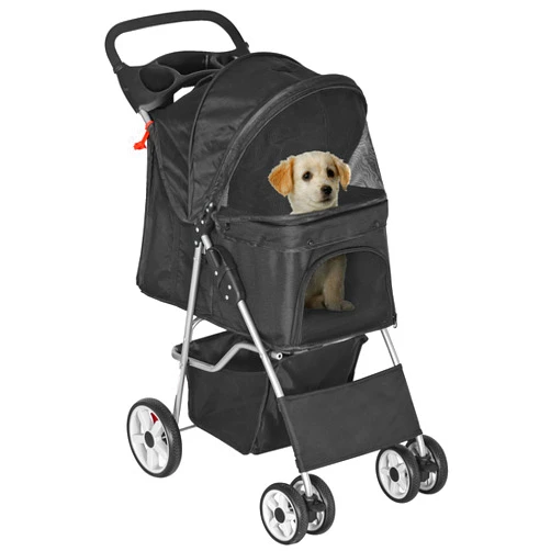 Epetlover 4 Wheels Dog Stroller Folding Pet Strolling Cart for Small Medium Cats Puppies Portable Jogger Travel Camping Puppy Carrier with Storage Basket Cup Holder, Black