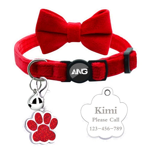 AnNengJing Personalized Breakaway Cat Collars with ID Tag Bell Bowtie,Safety Quick Release Customized Kitty Collars for Girls Boys Cats-Velvet Pattern-Red