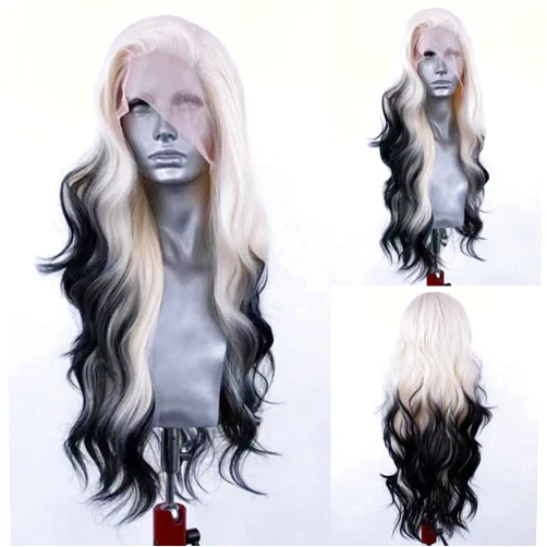 RONGDUOYI Ombre Black Synthetic Lace Front Wig for Women Blonde to Black Colored Lace Wig Body Wave Platinum Roots Lace Wig Synthetic Daily Wear Costume Party Wig