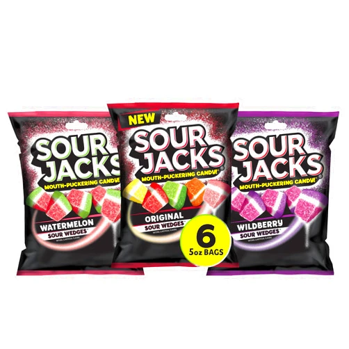 Sour Jacks Candy Gummy Snacks Variety Pack, Original, Watermelon & Wildberry 5 oz Individual Single Serve Bags (Pack of 6)