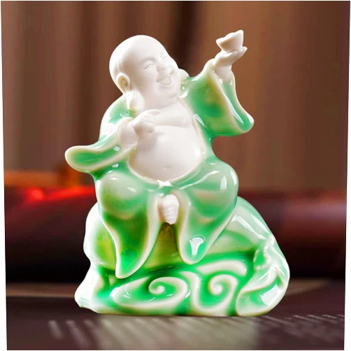 Houlu Small Green Fat Laughing Buddha Statue for Good Luck, Ceramic Happy Buddha Statue for Home Décor