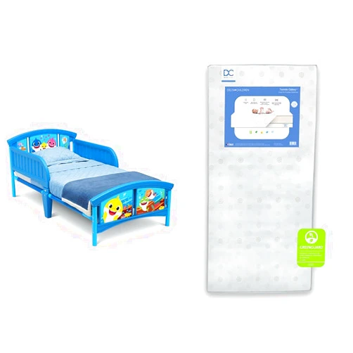 Delta Children Baby Shark Plastic Toddler Bed and Twinkle Galaxy Dual Sided Crib and Toddler Mattress Bundle