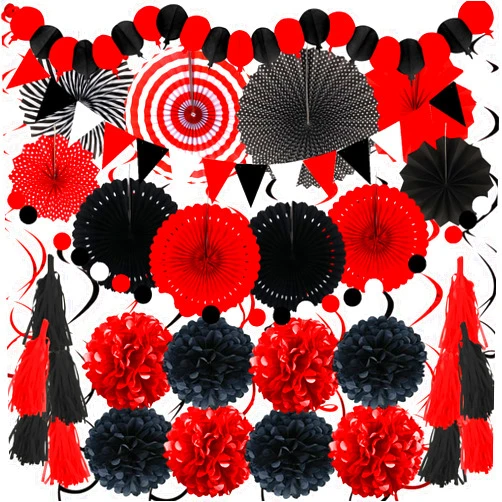 ZERODECO Party Decorations, 41 Pcs Black and Red Papar Fans Pompoms Garlands String Tissue Paper Tassel for Graduation Bridal Baby Shower Wedding Boy Girl Birthday Party