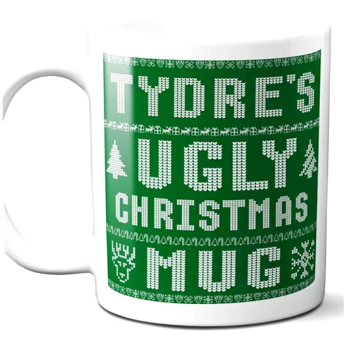 Westwood Tees Tydre Name Christmas Gift. Personalized Ugly Christmas Sweater Coffee Mug. Funny Custom Xmas Gift, Stocking Stuffer For Friends, Coworkers And Person Who Has Everything. 11 Ounces.