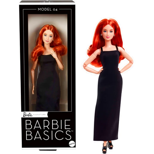 Barbie Basics Model 04 Collector Doll with Red Curly Hair, Black Mini Dress & Boots, Universal-fit Fashions, Posable Petite Body & Swappable Doll Head
