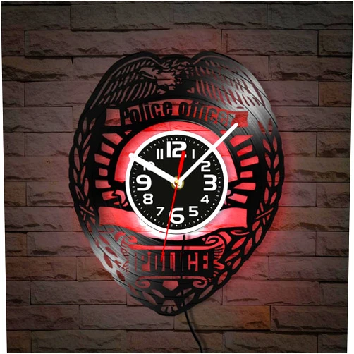 Geek Alerts 12'' Police Officer Badge LED Night Lamp Vinyl Record Wall Clock,Handmade Vintage Luminous Hanging Laser Cut Longplay Wall Clock Cop Gift for Police Department Silent Non Ticking Decor