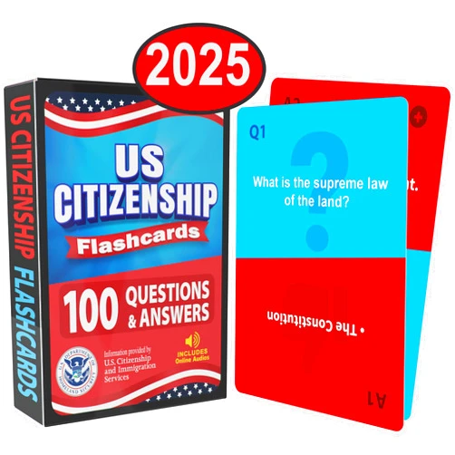Citizenshipflashcards.us US Citizenship Flash Cards 2025: Compact Naturalization Test Study Guide with 100 USCIS Questions & Answers, New Turn & Flip Method, Lightweight & Portable with Online Audio