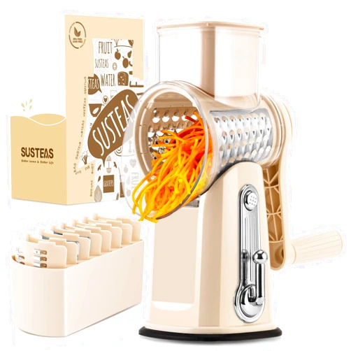 SUSTEAS Rotary Cheese Grater with Handle - Vegetable Shredder with 5 Well-designed Blades & Strong Suction Base,Round Mandoline Slicer & Food Chopper for Kitchen,with Blade Storage Box(Beige)