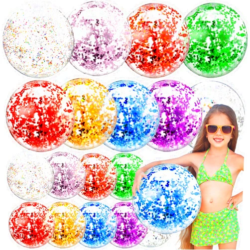 Liliful 18 Pcs Giant Beach Ball Glitter Inflatable Beach Balls Clear 23.6 in 15.7 in Sequin Swimming Pool Ball Floatable Confetti Glitter Transparent Pool Toys Balls with Air Pump for Summer, 9 Color