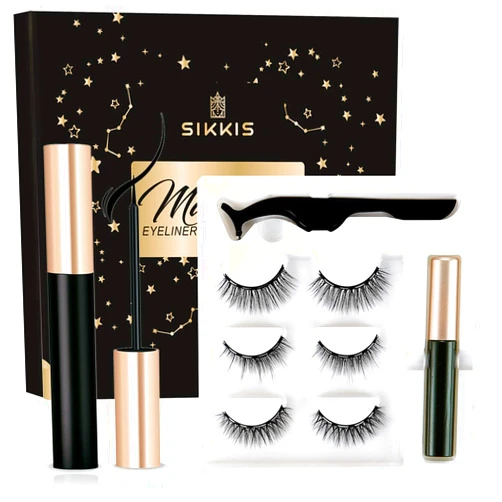 Sikkis Magnetic Eyelashes With Eyeliner - 3D Reusable Magnetic Eyelashes Kit With Applicator, False Eyelashes Natural Look - No Glue [3 Pairs]