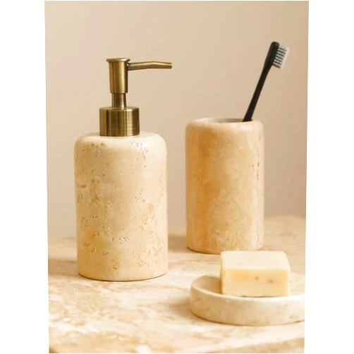 UMEONEVE Bathroom Accessory Set, 3 Pcs Natural Marble Travertine Stone Bathroom Accessories Sets Complete with Soap Dispenser, Toothbrush Holder, Soap Dish,Home Apartment Modern Bathroom Decor