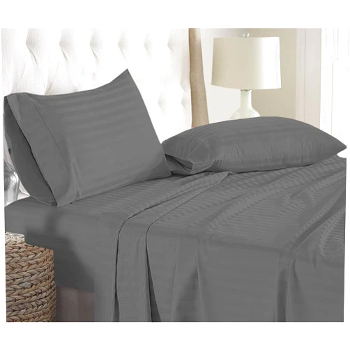 Apsley Linen Damask Stripe Egyptian Cotton 4-PCs Sheet Set Fits Mattress 21-24'' Deep Pocket Luxury Bedding Set High Thread Count Long Staple Sateen Weave (Short Queen, Grey)