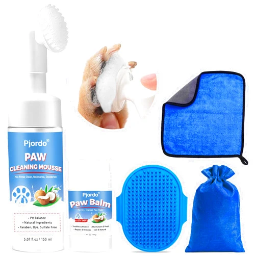Pjordo Dog Paw Cleaner Kit, No-Rinse Foaming Cleanser for Dogs and Cats, Dog Paw Balm for Heal Dry Cracked Paws & Nose, Pet Foot Washer Paw Scrubber for Large Medium Small XL Breed Dogs