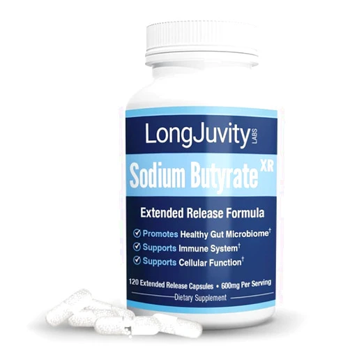 LongJuvity Labs LongJuvity Sodium Butyrate Supplement (300mg) - Naturally Sourced Postbiotic - Optimal Gut Health & Leaky Gut Repair - Postbiotic Short Chain Fatty Acid, Lab Tested (120 Extended Release Caps)