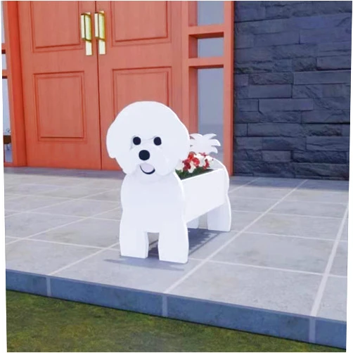Mifebshe Maltese Dog Planter, Wooden Animal Shaped Barrel Planter, PVC Dog Planter Succulent Plant Pot Cute Dog Design, Storage Container for Outdoor Plants Dog Bichon Frise