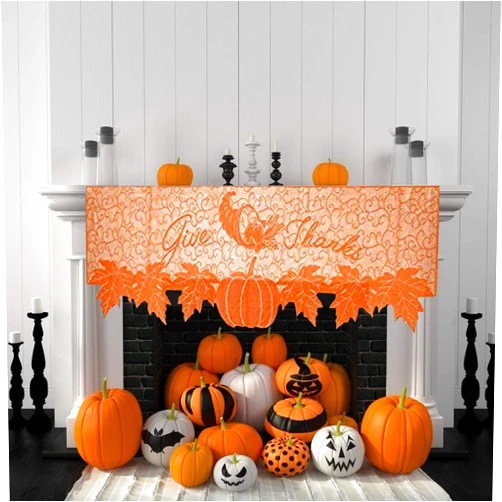 Camlinbo Fall Thanksgiving Decor Fireplace Scarf 20 x 60 Inch Brown Mantle Scarves Cover Lace Fall Runner for Thanksgiving Door Decorations Autumn Table Cover (Orange)