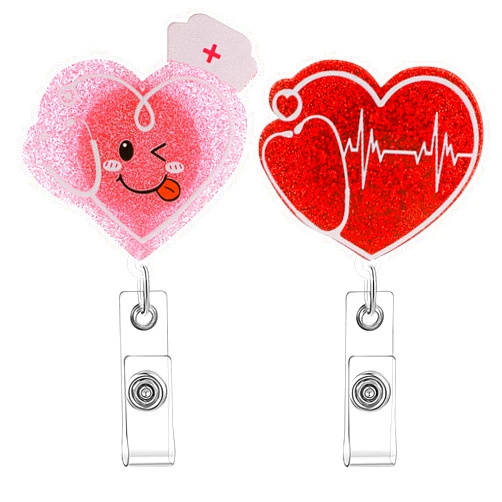 Ymapinc 2Pcs Heart Badge Reel Retractable Glitter Nursing Badge Reel Bling Medical Nurse ID Badge Holder with Clips Cute Badge Reel for Medical Assistant Doctor Hospital