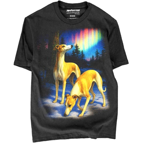 BABATEES Whippet Dog Mom & Dog Dad Black Retro Tshirt - Elegant Nature Moonlit Night Painting for Whippets Pet Owner
