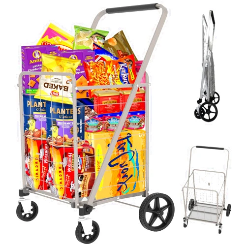 JIALIJIU Shopping Cart for Groceries, Grocery Cart on Wheels with Encrypted Bottom & Waterproof Bag, Heavy Duty Rolling Trolley for Shopping Laundry Book Luggage, Hold Up to 300 LBS