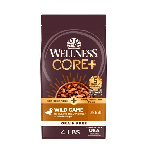 Wellness CORE+ Dry Dog Food with Freeze Dried Pieces, Grain Free, High Protein, Natural, Wild Game Duck, Lamb, Wild Boar, & Rabbit Recipe, (4-Pound Bag)