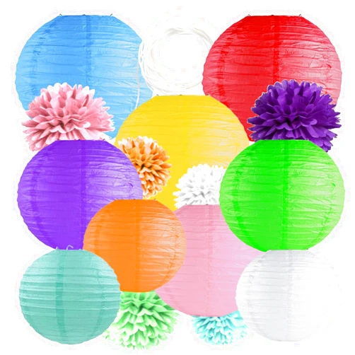 PENGBGOOL 9 Pieces Colorful Paper Lanterns, Chinese Lanterns(Multicolor Size of 8”, 10”, 12”), 6 Paper Flowers, 1 White line for Indoor Outdoor Home Decor, Parties, and Weddings