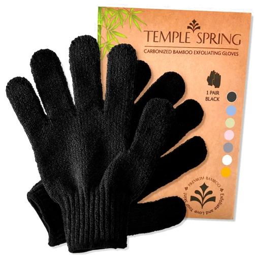 Temple Spring Exfoliating Gloves - Rayon Bamboo Bath/Shower Gloves, Bath Gloves for Shower Exfoliating and Ingrown Hair/Dead Skin Remover - Exfoliator Mitt Scrub Gloves - Black