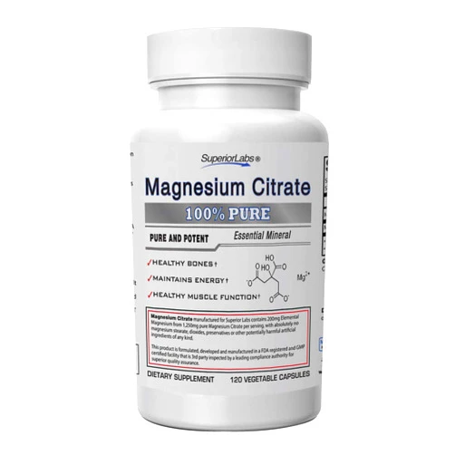 Superior Labs Magnesium Citrate - 100% NonGMO Safe from Additives, Stearates, Gluten and Other Allergens - Powerful Dose for Sleep, Cramps, Twitches - 1,250mg Citrate, 120 Vegetable Caps