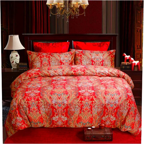 Softta Luxury European Floral Bedding Bohemian Queen 3 Pcs Damask Paisley Pattern Baroque Duvet Cover Sets 100% Egyptian Cotton 1000 Thread Count Burgundy red and Gold