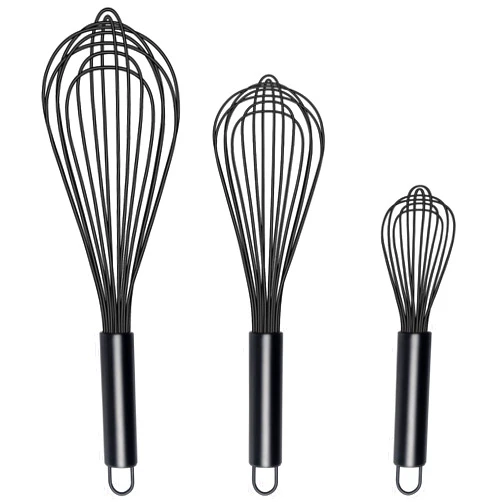 TEEVEA Silicone Whisk, Heat Resistant Stainless Steel Wire Whisk Set of 3, Kitchen Cooking Whisks No Scratch, Non-stick Cookware Balloon Egg Beater for Blending, Whisking, Frothing & Stirring, Black