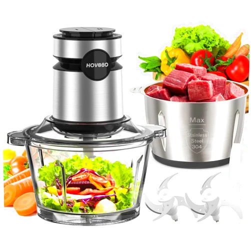 HOVOBO Food Processor, 500W Electric Meat Grinder Food Chopper with Two 8 Cup Bowls & 2 Bi-Level Blades, 2 Speed Kitchen Cutter for Vegetable, Onion, Garlic, Meat, Nuts, and Baby Food, Black