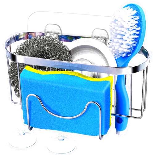 HOHOM Sponge Holder for Kitchen Sink, 3-in-1 Kitchen Sink Caddy Dish Sponge Holder with Suction Cup, SUS304 Stainless Steel Hanging Sink Organizer Kitchen Accessories for Place Basket Brush, Sliver