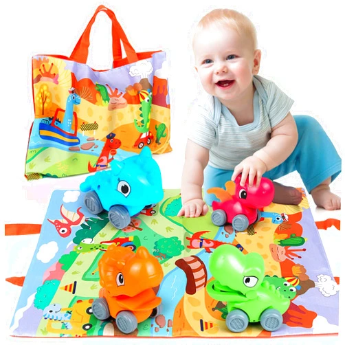 ZMZS Dinosaur Car Toys for Toddlers 1-3, Infant Baby Toys 12-18 Months, 4 Pack Dino Cars Set with Playmat/Storage Bag, Push Go Friction Vehicle for Boy Age 1 2, First Birthday Gift for 1 2 3 Year Old Girl