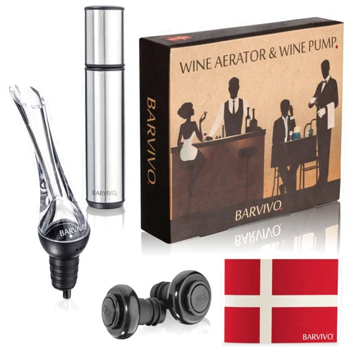 Barvivo Red Wine Aerator and Wine Saver Pump with 2 Vacuum Bottle Stoppers - Preserver For Your Wine - Ultimate Gift Idea as Valentines Day Gifts - Wine Vacuum Pump for Enhanced Taste of Wine