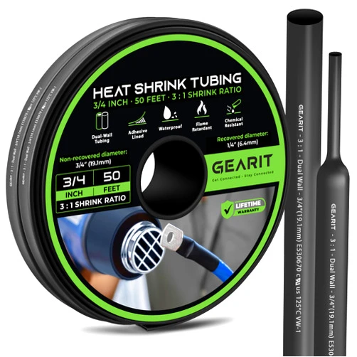 GEARit 3/4 inch Heat Shrink Tubing - 3:1 Ratio Adhesive Lined, Marine-Grade Waterproof Industrial Shrink Wrap, Dual-Wall Tubing, UL Approved - 50FT Roll - Black