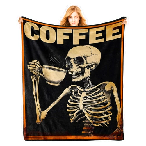 PINKBAY Skull Flannel Throw Blanket, 50×60in - 340GSM Cozy Lightweight Thick Abstract Coffee Skeleton Blanket - Birthday for Women, Men and Kids Bedroom Living Room Couch Sofa Decor