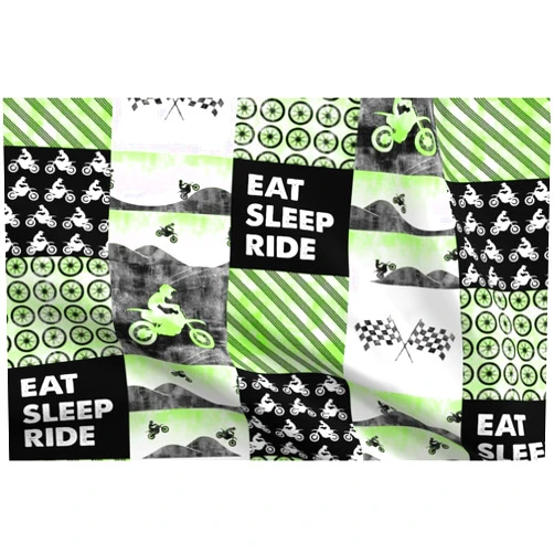 Spoonflower Fabric - Green Motorcycle Patchwork Cheater Quilt Motocross Dirt Bike Eat Sleep Printed on Petal Signature Cotton Fabric Fat Quarter - Sewing Quilting Apparel Crafts Decor