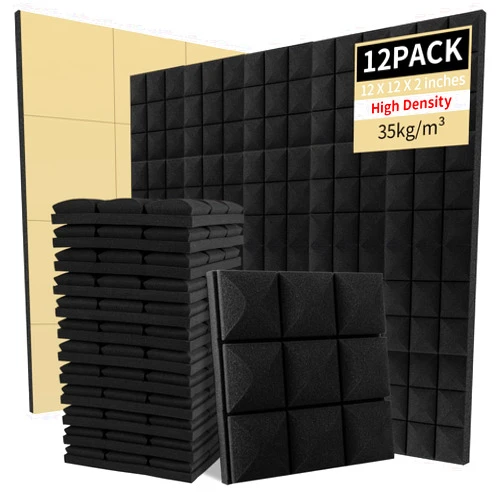 Earppie Acoustic Foam Panels, 12X12X2 Inches Self-adhesive Mushroom-Shaped Design High Density Sound-Absorbing and Noise-Canceling Block Cotton for Studio Recording, Office,Home (Black, 12PCS)
