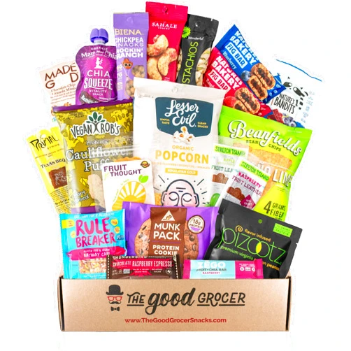 The Good Grocer Healthy VEGAN Snacks Care Package: Non-GMO, Vegan Jerky, Protein Bars, Cookies, Fruit & Nuts, Healthy Gift Basket Alternative, Snack Variety Pack, College Student Care Package