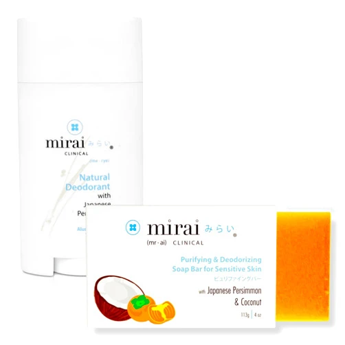 Mirai Clinical Ultimate Freshness Duo - Eliminate Nonenal Body Odor with Persimmon Power for Odor-Free Confidence - 100g Sensitive Soap Bar and 75g Unisex Deodorant (Unscented)