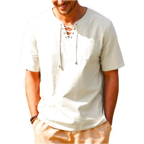 COOFANDY Men Casual Cotton Linen T Shirt Short Sleeve Beach Lace Up Hippie Shirt Yoga Renaissance Tunic