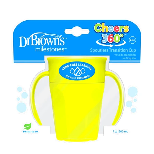 Dr. Brown's Milestones Cheers 360 Cup Spoutless Transition Cup with Handles for Easy Grip and Leak-Free Learning, 7 oz/200 mL, 6m+