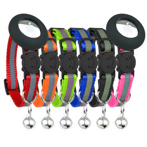 Bemix Pets Reflective Cat Collar with AirTag Holders, Set of 6, with Bells, Solid & Safe Collars for Cats, Nylon, Mixed Colors, Pet Collar, Air Tag Holder, Breakaway Cat Collars Charms