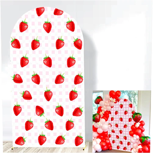 Lrrtwer Arch Cover Strawberry Theme Backdrop Pink Grid Girls Bagy Shower Bride Wedding Sweet Strawberry Birthday Party Decor (6FT)