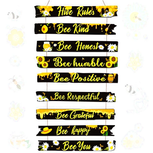 Jetec Bee Sign Hive Rules Bee Wall Decor Plaque Bee Gift Humble Bee Decor Christmas Bee Ornament for Xmas Home Spring Daisy Sunflower Decorations for Living Room Rustic Kitchen (Black)