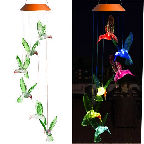 Xxschy LED Solar Hummingbird Wind Chimes Outdoor - Waterproof Mobile Changing Light Color Wind Chime, Six Hummingbirds LED Wind Chimes for Home, Xmas Mom Gifts, Party, Festival Decor, Night Garden Decoration