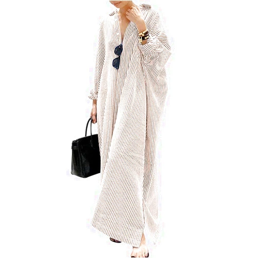chouyatou Women's Casual Long Sleeve Button Down Loose Striped Cotton Maxi Shirt Dress